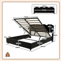 Doppelbett mit wellenförmigem Kopfteil, LED-Licht, hydraulischem Stauraum, Stoff in Samtoptik, 140×200 cm, ohne Matratze, Schwarz(m-3)