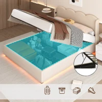 Doppelbett mit wellenförmigem Kopfteil, LED-Licht, hydraulischem Stauraum, Stoff in Samtoptik, 140×200 cm, ohne Matratze, Beige(m-9)