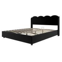 Doppelbett mit wellenförmigem Kopfteil, LED-Licht, hydraulischem Stauraum, Stoff in Samtoptik, 140×200 cm, ohne Matratze, Schwarz(m-10)