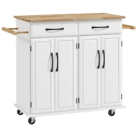 HOMCOM Isla de Cocina con Encimera de Madera de Caucho con Cajones Armarios y Ruedas con Freno 111x44,5x90,5 cm Blanco y Roble