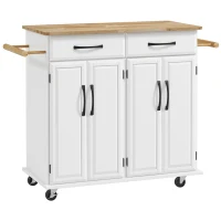 HOMCOM Isla de Cocina con Encimera de Madera de Caucho con Cajones Armarios y Ruedas con Freno 111x44,5x90,5 cm Blanco y Roble(m-1)