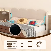 Doppelbett mit wellenförmigem Kopfteil, LED-Licht, hydraulischem Stauraum, Stoff in Samtoptik, 140×200 cm, ohne Matratze, Beige(m-7)