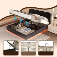 Letto imbottito con testiera ondulata e spazio contenitore con pistone a gas (materasso non incluso), 160x200 cm, Nero(m-6)