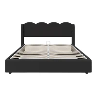 Doppelbett mit wellenförmigem Kopfteil, LED-Licht, hydraulischem Stauraum, Stoff in Samtoptik, 140×200 cm, ohne Matratze, Schwarz(m-1)