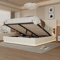 Letto matrimoniale con spazio contenitore e testiera regolabile in altezza (materasso non incluso), 180x200 cm, Beige(m-4)
