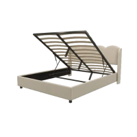 Doppelbett mit wellenförmigem Kopfteil, LED-Licht, hydraulischem Stauraum, Stoff in Samtoptik, 140×200 cm, ohne Matratze, Beige(m-10)