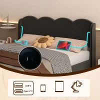 Doppelbett mit wellenförmigem Kopfteil, LED-Licht, hydraulischem Stauraum, Stoff in Samtoptik, 140×200 cm, ohne Matratze, Schwarz(m-7)