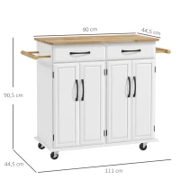 HOMCOM Ilha de Cozinha Carrinho de Cozinha Móvel Auxiliar de Jantar com Rodas 4 Portas 2 Gavetas Toalheiros e Prateleiras Ajustáveis 111x44,5x90,5 cm Branco e Carvalho(m-3)