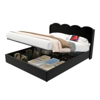 Doppelbett mit wellenförmigem Kopfteil, LED-Licht, hydraulischem Stauraum, Stoff in Samtoptik, 140×200 cm, ohne Matratze, Schwarz(m-9)