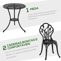 Outsunny Conjunto de Mesa e Cadeiras de Exterior 3 Peças de Alumínio com Encosto com Padrão de Tulipa e Mesa com Orifício para Chapéu de Sol Preto(m-4)