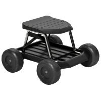 Outsunny Assento de Jardim com Rodas Banco de Jardinagem com Bandeja de Ferramentas Carrinho de Trabalho  50x49x32 cm Preto(m-1)