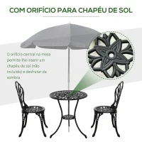 Outsunny Conjunto de Mesa e Cadeiras de Exterior 3 Peças de Alumínio com Encosto com Padrão de Tulipa e Mesa com Orifício para Chapéu de Sol Preto(m-6)