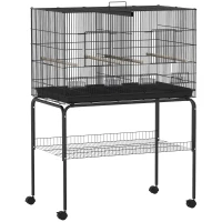 PawHut Gaiola para Pássaros com Divisória Rodas Gaiola para Aves com Comedouros Poleiros e Bandeja Removível 94x57x128 cm Preto(m-1)