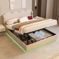 Doppelbett mit wellenförmigem Kopfteil, LED-Licht, hydraulischem Stauraum, Stoff in Samtoptik, 140×200 cm, ohne Matratze, Beige(m-5)