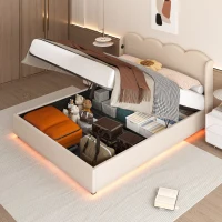 Doppelbett mit wellenförmigem Kopfteil, LED-Licht, hydraulischem Stauraum, Stoff in Samtoptik, 140×200 cm, ohne Matratze, Beige(m-2)