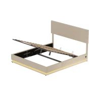 Lit double 160x200cm, avec espace de rangement et cadre de nouilles plat, tête de lit réglable en hauteur, sans matelas, Beige(m-8)