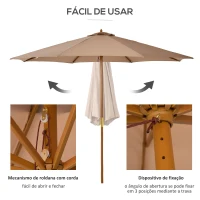 Outsunny Chapéu de Sol de Jardim Ø300x250 cm com Sistema de Poleia Teto Ventilado e Mastro Desmontável de Madeira Caqui(m-5)