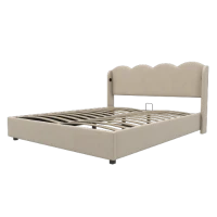 Doppelbett mit wellenförmigem Kopfteil, LED-Licht, hydraulischem Stauraum, Stoff in Samtoptik, 140×200 cm, ohne Matratze, Beige(m-11)