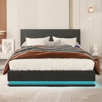 Luxus Doppelbett 160x200 cm, Höheverstellbares Kopfteil mit LED-Licht, Stauraum Bett mit USB-Ladefunktion, Dunkelgrau(m-7)