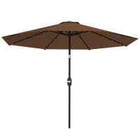 Outsunny Chapéu de Sol com 32 Luzes LED Solares Ø265x233cm Chapéu de Sol Inclinável com Manivela e Mastro de Aço para Terraço Pátio Exterior Marrom(m-11)