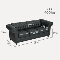 HOMCOM Divano 3 Posti Stile Chesterfield Trapuntato con Molle Insacchettate, Finta Pelle, 213x86x79 cm, Nero(m-3)