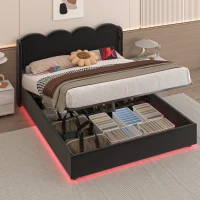 Doppelbett mit wellenförmigem Kopfteil, LED-Licht, hydraulischem Stauraum, Stoff in Samtoptik, 140×200 cm, ohne Matratze, Schwarz(m-5)