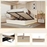 Lit double 160x200cm, avec espace de rangement et cadre de nouilles plat, tête de lit réglable en hauteur, sans matelas, Beige(m-4)