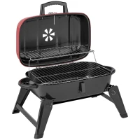 Outsunny Charcoal Barbecue Grill Folding BBQ Grill with 1232 cm² Cooking Area, Adjustable Vent, Thermometer, Handles for Camping Picnic, Red(m-1)