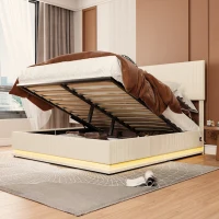 Doppelbett mit Stauraum, 140x200 cm, höhenverstellbares Kopfteil, ohne Matratze, Beige(m-5)