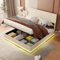 Letto matrimoniale con spazio contenitore e testiera regolabile in altezza (materasso non incluso), 180x200 cm, Beige(m-1)