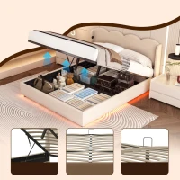 Doppelbett mit wellenförmigem Kopfteil, LED-Licht, hydraulischem Stauraum, Stoff in Samtoptik, 140×200 cm, ohne Matratze, Beige(m-6)