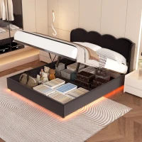 Doppelbett mit wellenförmigem Kopfteil, LED-Licht, hydraulischem Stauraum, Stoff in Samtoptik, 140×200 cm, ohne Matratze, Schwarz(m-2)