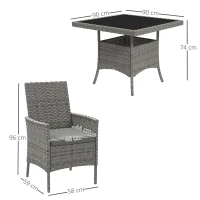 Outsunny Rattan Garden Furniture Set, Outdoor Dining Table and Chairs 4 Seater with Cushions, Square Tempered Glass Top, 4 Armchairs, for Balcony, Terrace, Conservatory, Grey(m-3)