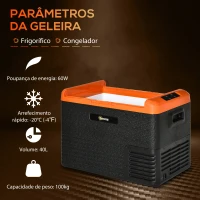 Outsunny Geleira Portátil Elétrica 40L 12V/24V até -20°C Mini Geleira com Ecrã LED Tátil para Campismo Viagens 58,7x36,5x43,8 cm Preto(m-4)