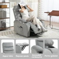 HOMCOM Fauteuil releveur inclinable massant et chauffant, tissu aspect velours avec porte-gobelets, pochette latérale, gris(m-9)