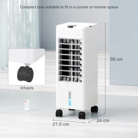 HOMCOM Climatizador  3 em 1 Portátil 60W com 3 Velocidades Temporizador até 12H Depósito de 3,8 L Oscilação de 60º 24x21,5x59 cm Branco(m-3)