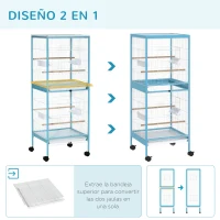 PawHut Jaula para Pájaros de 2 Niveles con Ruedas Bandejas Extraíbles Puertas Comederos Perchas 51,5x50x140 cm Azul(m-4)