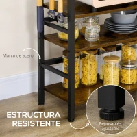 HOMCOM Estantería de Cocina Industrial con 4 Estantes 4 Ganchos y Sistema Antivuelco 65x30x102 cm Marrón Rústico y Negro(m-6)