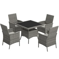 Outsunny Rattan Garden Furniture Set, Outdoor Dining Table and Chairs 4 Seater with Cushions, Square Tempered Glass Top, 4 Armchairs, for Balcony, Terrace, Conservatory, Grey(m-11)