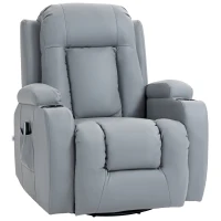HOMCOM Massage Recliner Chair with 8 Vibration & Heat, PU Leather Recliner Armchair with Cup Holders and Side Pockets, Manual Reclining Chair with Remote, 360° Swivel, Rocking, Light Grey(m-1)