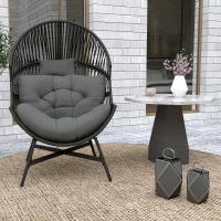 Outsunny Rattan Egg Chair, Oversized Freestanding Garden Egg Chair with Thick Tufted Cushion, Headrest, Steel Frame for Indoor and Outdoor Use, Charcoal Grey(m-9)