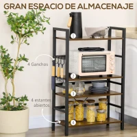 HOMCOM Estantería de Cocina Industrial con 4 Estantes 4 Ganchos y Sistema Antivuelco 65x30x102 cm Marrón Rústico y Negro(m-4)