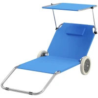 Outsunny Sonnenliege klappbar Gartenliege mit Kopfkissen Dach, Rolle Liegestuhl mit verstellbare Rückenlehne Blau(m-1)