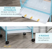 PawHut Jaula para Pájaros de 2 Niveles con Ruedas Bandejas Extraíbles Puertas Comederos Perchas 51,5x50x140 cm Azul(m-6)