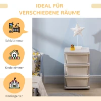 HOMCOM Pudełka do Przechowywania dla Dzieci, 3 Duże Szuflady, Zaokrąglone Krawędzie, Plastik, 37x37x56,5 cm, Kremowy(m-6)