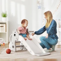 AIYAPLAY 3-in-1 Kinderglijbaan in Giraffenvorm met Basketbalring en Bal, Grijs(m-2)