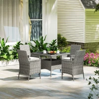 Outsunny Rattan Garden Furniture Set, Outdoor Dining Table and Chairs 4 Seater with Cushions, Square Tempered Glass Top, 4 Armchairs, for Balcony, Terrace, Conservatory, Grey(m-8)