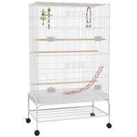 PawHut Jaula para Pájaros con Ruedas Bandeja Extraíble Puertas Comederos Perchas y Estante Inferior 79x49x133 cm Blanco(m-1)