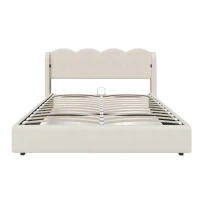 Doppelbett mit wellenförmigem Kopfteil, LED-Licht, hydraulischem Stauraum, Stoff in Samtoptik, 140×200 cm, ohne Matratze, Beige(m-1)