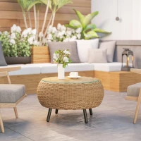 Outsunny Beistelltisch aus Polyrattan runder Kaffeetisch Couchtisch mit Glas Tischplatte Ø75 x 42 cm Braun(m-7)